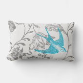 水色と灰色のヴィンテージモダンフローラ鳥パターン ランバークッション (正面)
