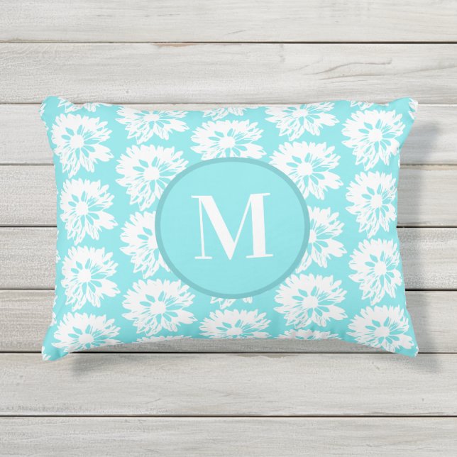 水色と白の夏の花柄 アウトドアクッション (正面)