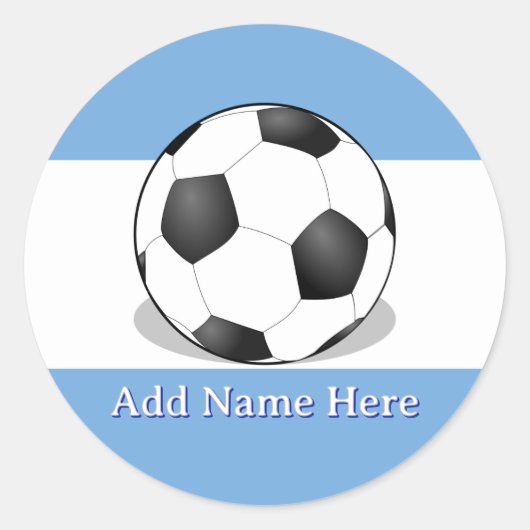 水色と白の背景のサッカーボール ラウンドシール (正面)