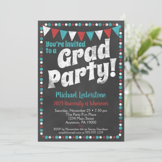 水色と赤のチョークボード卒業パーティー招待状 招待状 (スタンド正面)