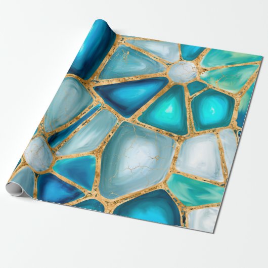 水色と金ゴールドセル – 海 ラッピングペーパー (アンロールド)
