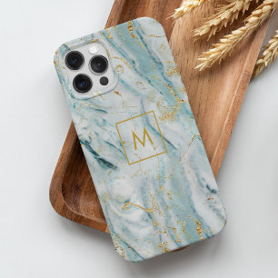水色と金ゴールド印刷大理石テクスチャモノグラムの iPhone 15 MINIケース