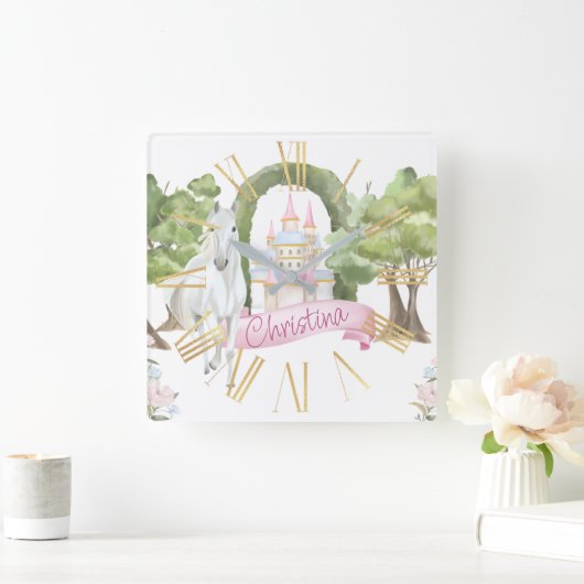 水色のおとぎ話の城と白い馬 スクエア壁時計 (ホーム)