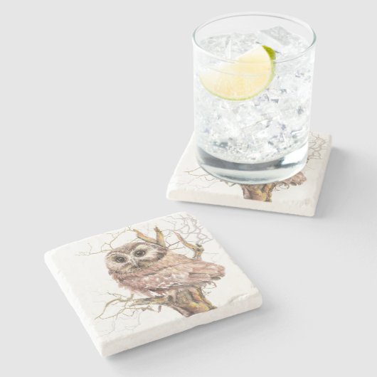 水色のこぎり可愛いフクロウの鳥自然 ストーンコースター (横)