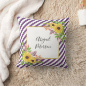 水色のひまわり及び紫ストライプの模様 クッション (ブランケット)