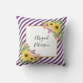 水色のひまわり及び紫ストライプの模様 クッション