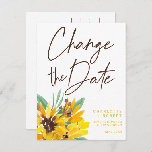 水色のひまわり結婚の日付の変更 案内ポストカード (正面/裏面)