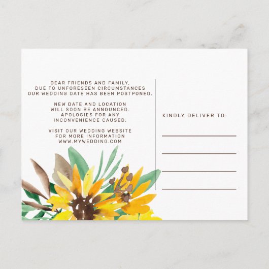 水色のひまわり結婚の日付の変更 案内ポストカード (裏面)
