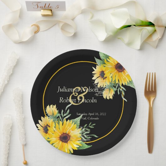 水色のひまわり結婚黒 ペーパープレート (ウェディング)