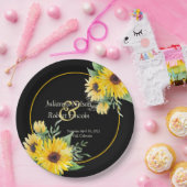水色のひまわり結婚黒 ペーパープレート (パーティー)