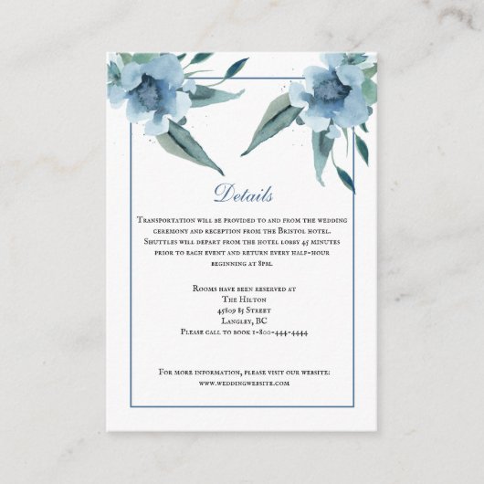 水色のほこりっぽい花の結婚詳細のカード エンクロージャーカード (正面)