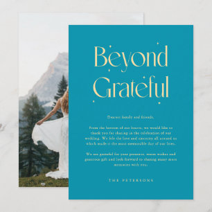 水色のウィズミカルなウェディングフォトカード "Beyond Grateful" サンキューカード