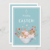 水色のウサギのバブルバスイースターのバニー シーズンカード (正面/裏面)