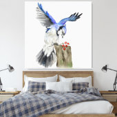 水色のウッドランドの鳥のブルージェイ キャンバスプリント (インサイチュ (寝室))