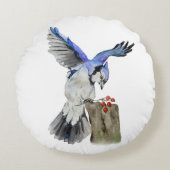 水色のウッドランドの鳥のブルージェイ ラウンドクッション (正面)