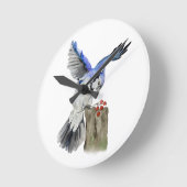 水色のウッドランドの鳥のブルージェイ ラウンド壁時計 (傾斜)