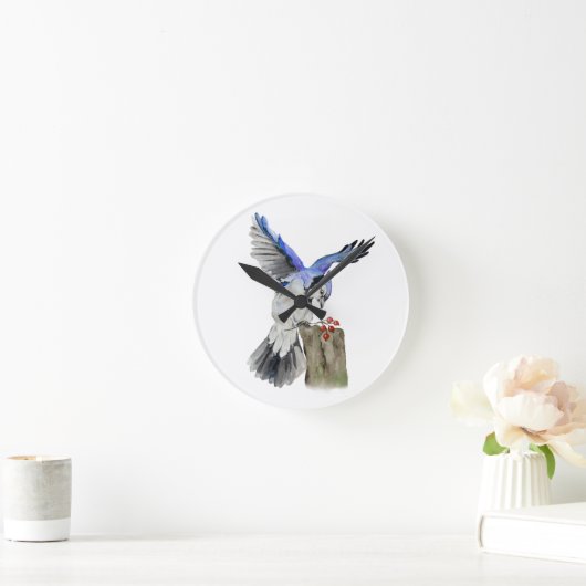水色のウッドランドの鳥のブルージェイ ラウンド壁時計 (ホーム)