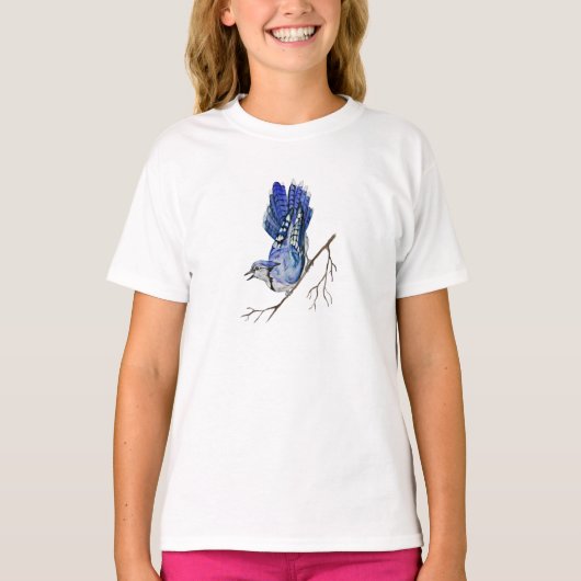 水色のウッドランドの鳥のブルージェイ Tシャツ (正面)
