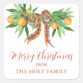 水色のオレンジの格子弓クリスマス スクエアシール (正面)