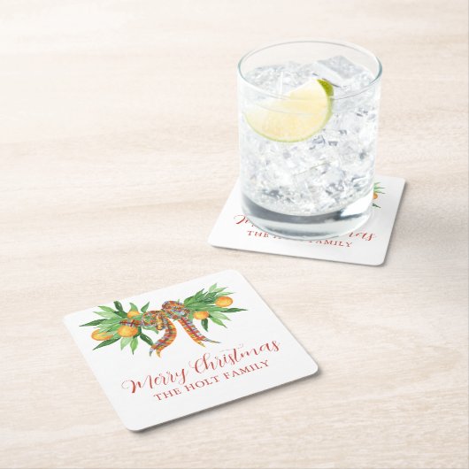 水色のオレンジの格子弓クリスマス スクエアペーパーコースター (インサイチュ)