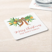 水色のオレンジの格子弓クリスマス スクエアペーパーコースター (アングル)