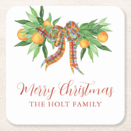 水色のオレンジの格子弓クリスマス スクエアペーパーコースター