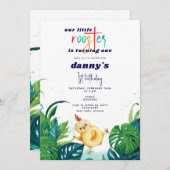 水色のオンドリ任意の年齢の男の子1st誕生日パーティー 招待状 (正面/裏面)