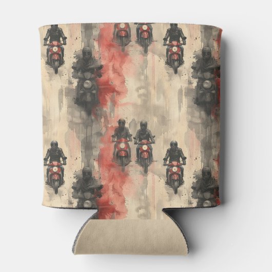 水色のオートバイ、バイクもしくは自転車に乗る人、レース、オートバイ 缶クーラー (裏面)