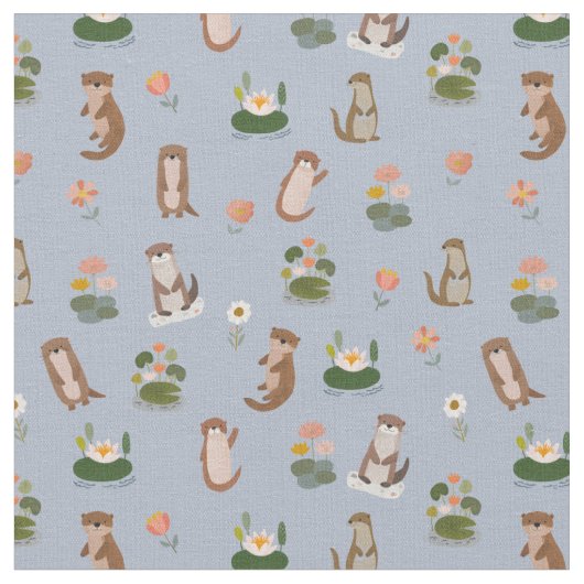 水色のカワウソとはすの葉 ファブリック (クローズアップ)