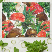 水色のキノコと緑のシダのパターン キッチンタオル (折り畳み)