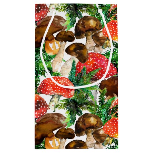 水色のキノコと緑のシダのパターン スモールペーパーバッグ (裏面)