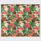 水色のキノコと緑のシダのパターン ラッピングペーパー (フラット)