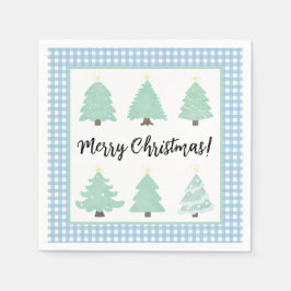 水色のクリスマスツリーとブループレイドナプキン スタンダードカクテルナプキン