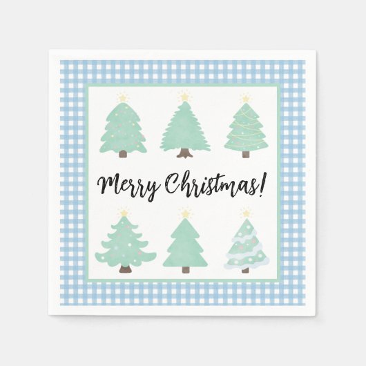 水色のクリスマスツリーとブループレイドナプキン スタンダードカクテルナプキン (正面)
