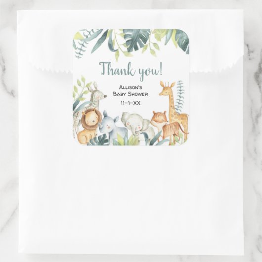 水色のサファリ動物のベビーシャワー スクエアシール (バッグ)