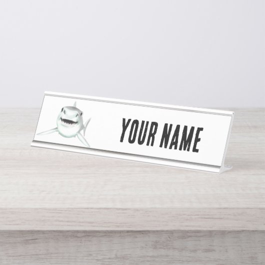 水色のサメが微笑む灰色の緑の海 デスクネームプレート (正面)
