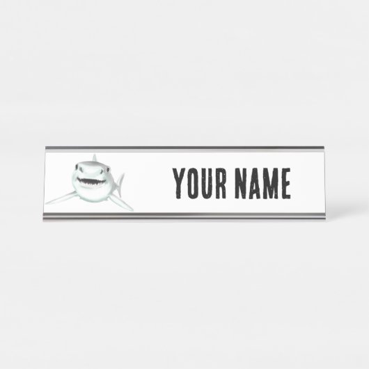 水色のサメが微笑む灰色の緑の海 デスクネームプレート (正面)