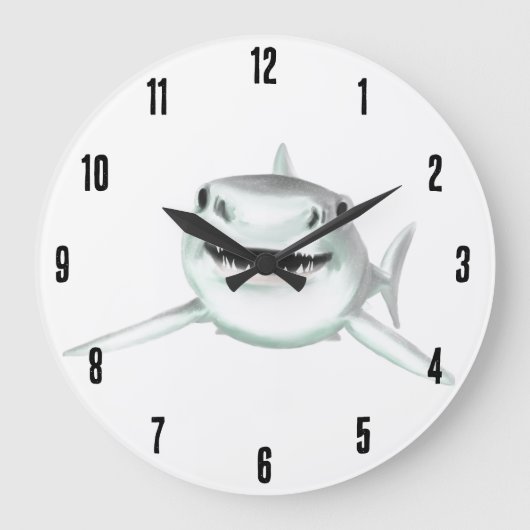 水色のサメが微笑む灰色の緑の海 ラージ壁時計 (正面)