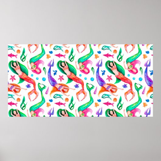 水色のシームレスなパターンと人魚，シーシェル ポスター (正面)