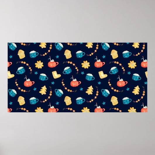 水色のシームレスパターンとクリスマスジンジャーブレッド ポスター (正面)