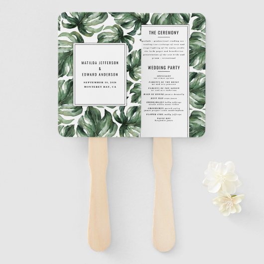 水色のトロピカルパ結婚ームの手扇 ハンドファン (正面&裏面)