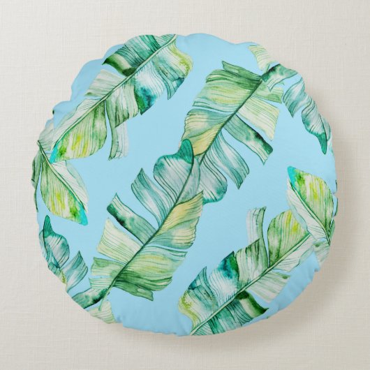 水色のトロピカル葉イラストレーション、シームレスなシステム。 ラウンドクッション (正面)