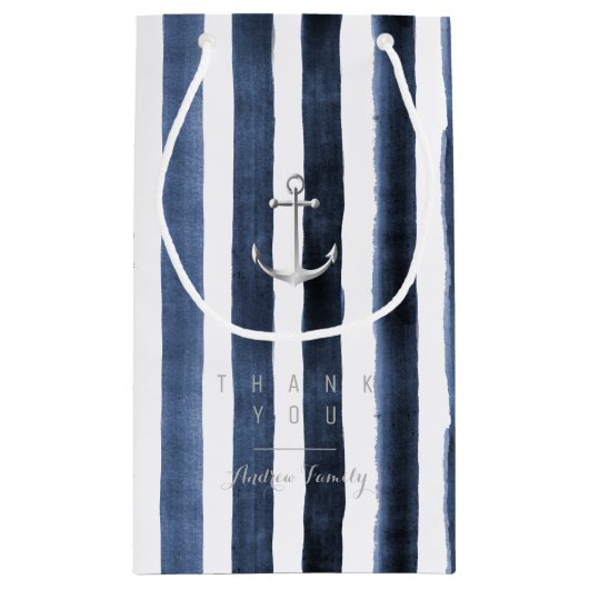 水色のネイビーストライプズとモノグラム スモールペーパーバッグ (裏面)