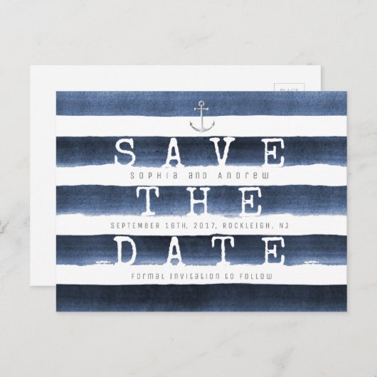 水色のネイビーストライプズ航海のは日付を保存 案内ポストカード (正面/裏面)