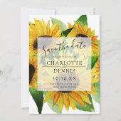 水色のヒマワリとネイビーブルーの日付を保存 招待状 (正面)