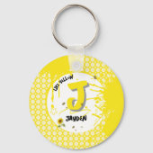 水色のヒマワリと蝶のような黄色 キーホルダー (正面)