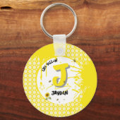 水色のヒマワリと蝶のような黄色 キーホルダー (正面)