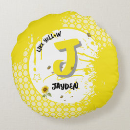 水色のヒマワリと蝶のような黄色 ラウンドクッション