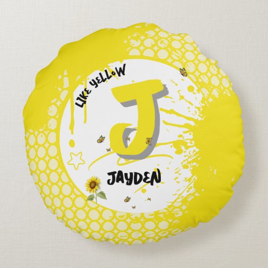 水色のヒマワリと蝶のような黄色 ラウンドクッション (裏面)