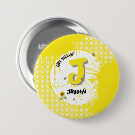 水色のヒマワリと蝶のような黄色 缶バッジ